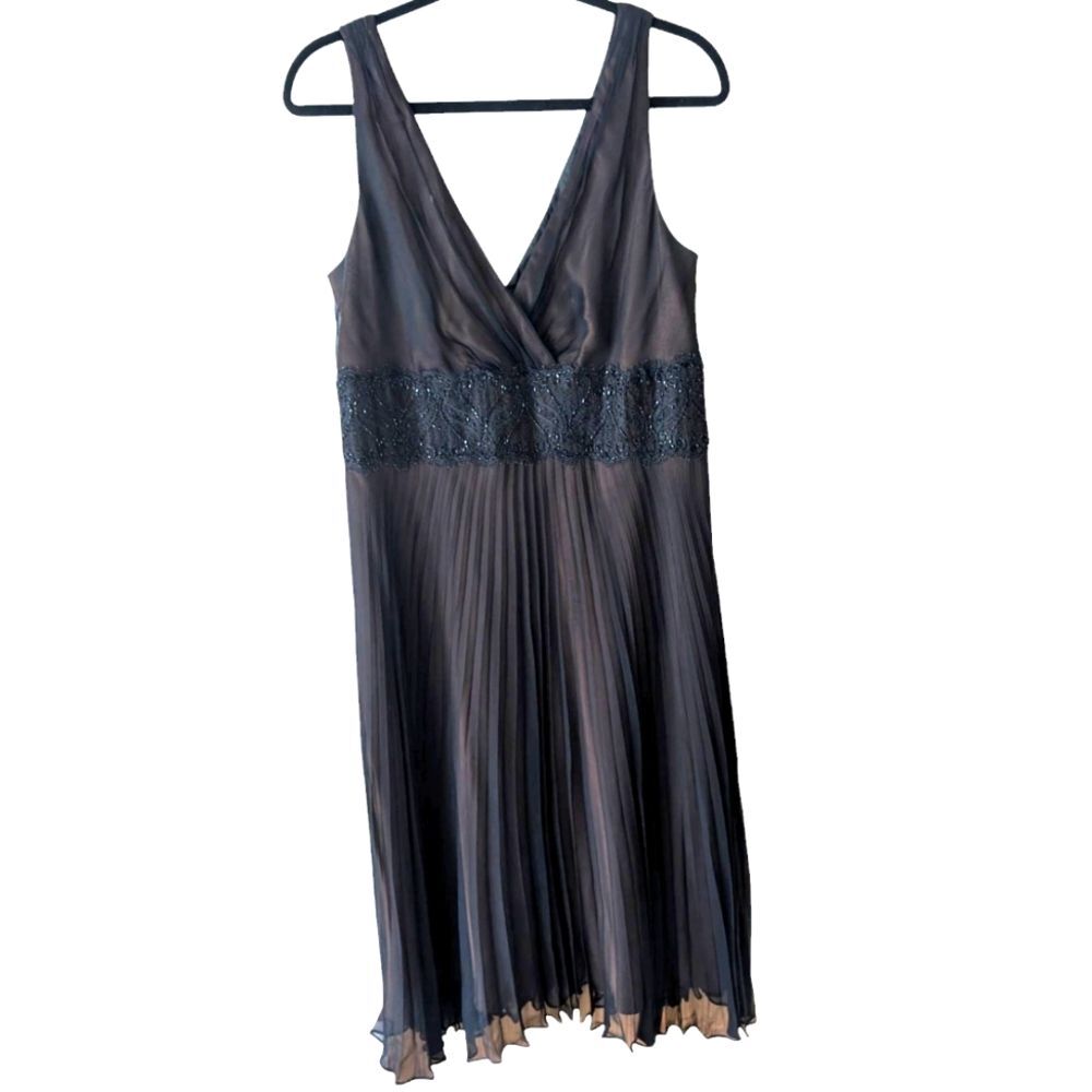 Jones‎ New York Silk Brown Beaded Dress Black Overlay Pleated Size XL